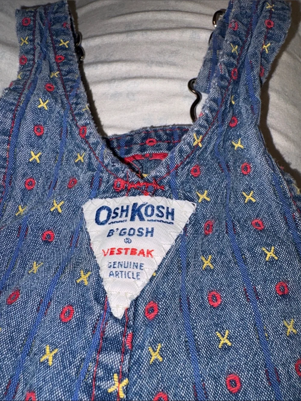 VINTAGE 80s OshKosh B'gosh Blue/Red Denim TIC TAC TOE Print Overalls 100 cotton
